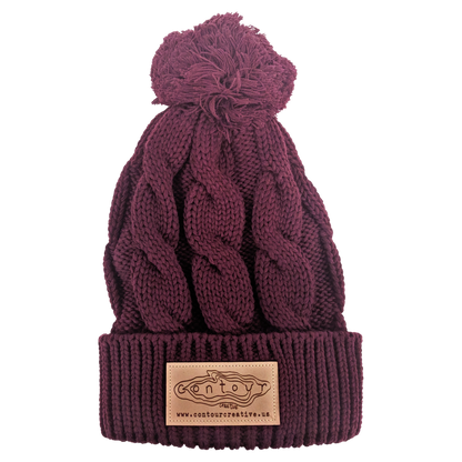 Cable Knit Maroon Pom Beanie - Contour Creative